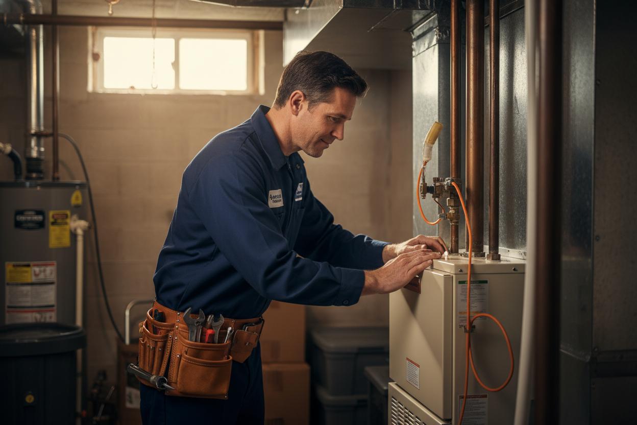 Olympic HVAC technician inspecting a furnace